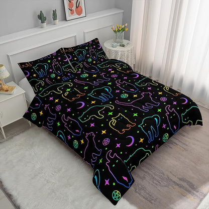 Axolotl Neon Cat Bedding Comforter Set King,Cartoon Gradient Line Cat Bedding,Colorful Neon Cats Animal Bed Set,Moon Stars Printed Kids Bedding for Boys Girls Adults,1 Quilt 2 Pillow Cases,Black