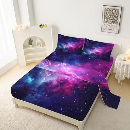 Purple Galaxy Bedding Set Queen Kids Teens Girls Boys Starry Sky Fitted Sheet Space Universe Star Design, Home Decorative 3 Pcs Bedding Decor Set with 1 Flat & 2 Pillowcases