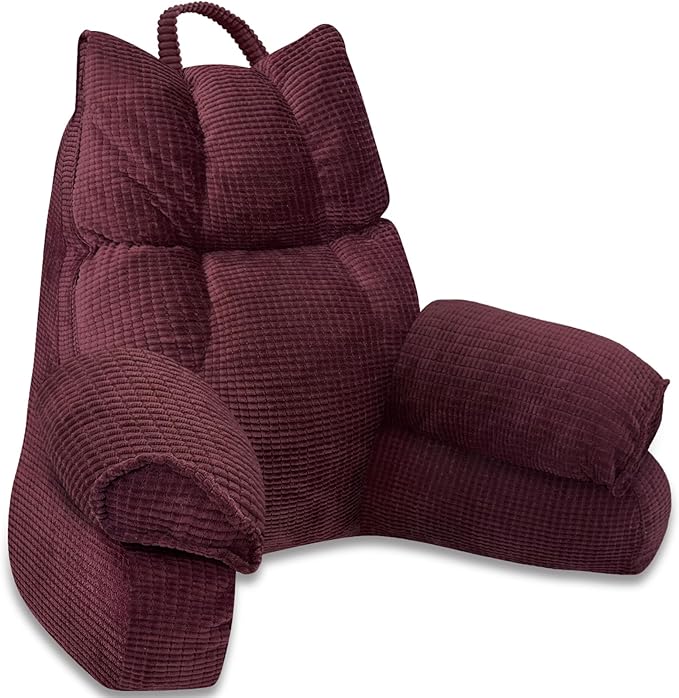 RRPAHWTV Reading Pillow for Bed with High Arm Rests,Back Support Pillow for Sitting Up in Bed with Shredded Memory Foam for Reading, TV, Gaming or Relaxing on Floor（Plum, Large）