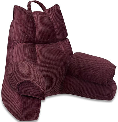 RRPAHWTV Reading Pillow for Bed with High Arm Rests,Back Support Pillow for Sitting Up in Bed with Shredded Memory Foam for Reading, TV, Gaming or Relaxing on Floor（Plum, Large）