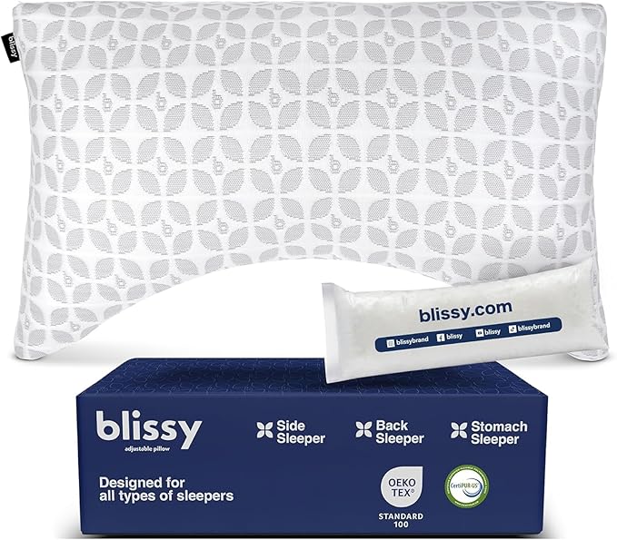 BLISSY Adjustable Memory Foam Pillow King Size – Cooling Memory Foam Pillows for Side Sleepers – Cooling Gel Pillow with Shredded Memory Foam – CertiPUR-US & Oeko-TEX