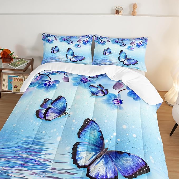 Fantasy Blue Themed Aesthetic Bedding Queen Comforter Set,Butterflies on Water with Falling Flowers Comforter Sets for Kids Girls Boys,Pretty Butterfly Pattern Bedding Sets with 2 Pillowcases.