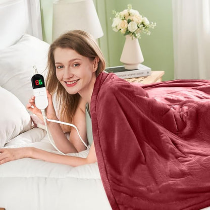 Electric Heated Blanket,Flannel & Sherpa Heated Throw Blanket 50"x60",Fast Heating Soft Fleece Blanket with 6 Heating Levels & 4H Auto Off-Wine red