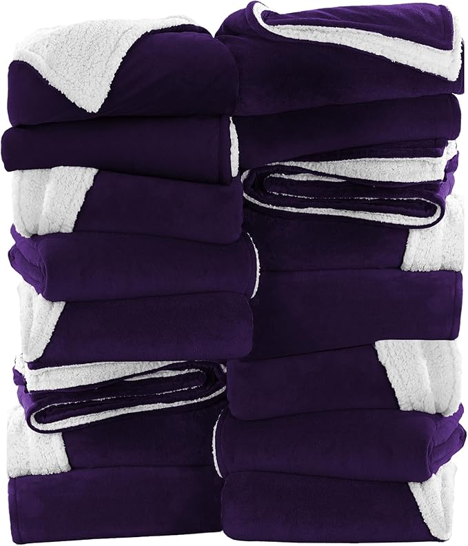 IR Imperial Rooms Purple Sherpa Fleece Throw Blanket for Bed - Wholesale Bulk Pack of 16 Sherpa Blankets - Soft Fluffy Throw Blankets for Hotels, Guest Bedroom, 50x60 Inches