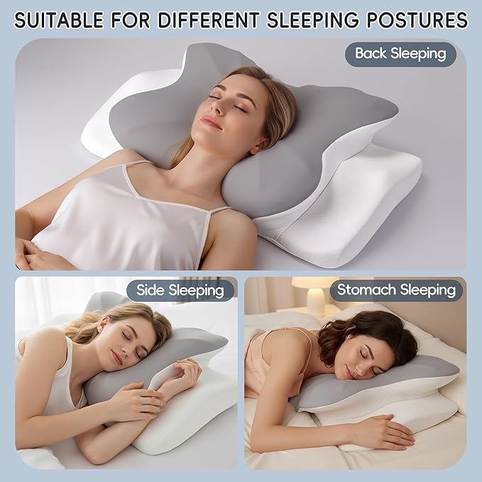 Cervical Neck Pillow, Ergonomic Side Sleeper Pillow for Pain Relief, Cooling Pillow for Sleeping, Neck and Shoulder, Contour Orthopedic Memory Foam Pillows for Back Stomach Sleepers Grey White
