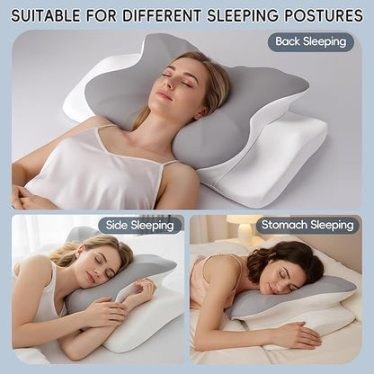 Cervical Neck Pillow, Ergonomic Side Sleeper Pillow for Pain Relief, Cooling Pillow for Sleeping, Neck and Shoulder, Contour Orthopedic Memory Foam Pillows for Back Stomach Sleepers Grey White