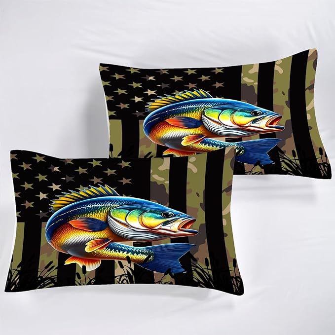Bass Fish Comforter Set Twin Size Camouflage Fisherman Bedding Set for Men Boys Teens Green Fishing Lover Bedroom Farmhouse Bed Set Wild Quilted,1 Comforter 1 Pillowcase