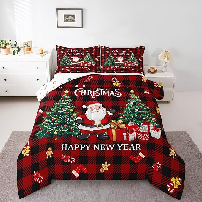 Merry Christmas Comforter Set,Xmas Santa Claus Christmas Tree Bedding Set for Kids Boys Girls,Red Gingerbread Stocking Duvet Insert,Vintage Gird Holiday Down Comforter with 2 Pillowcases,King