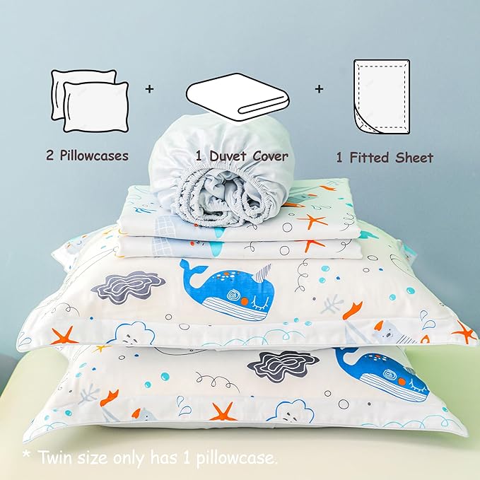 Simple&Opulence 100% Organic Cotton Duvet Cover for Kids Teens, 4 Pieces Soft Comforter Cover with Zipper Closure Cool Boy Girl Sea Sailboat Ocean Bedding Set - Whale, Full/Queen
