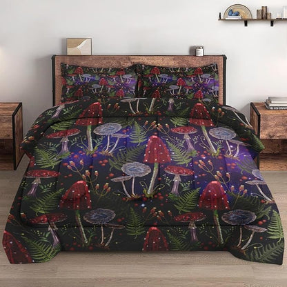 Full Size Comforter Set with 2 Pillowcases, Mushroom Gothic Fern 3 Pcs Soft Bedding for Kids and Adults, Vintage Leaf Retro Plant Comforter Set for Room Bedroom Bed Decor
