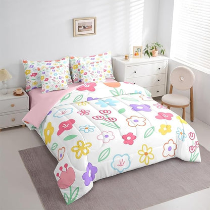 Feelyou Cute Flower 7 Piece Bedding Set Colorful Floral Comforter Set with Sheets for Kids Boys Girls Cartoon Hand-Drawn Bed in a Bag Botanical Decor Bed Set Soft Lightweight