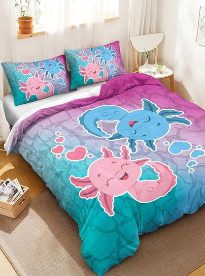 HOSIMA Axolotl Kawaii Bedding Set for Kids Bedroom Decor Pink and Blue Axolotl Cute Duvet Cover Set 3 Pieces 1 Duvet Cover with 2 Pillowcases（No Comforter）