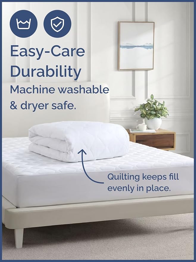 Quilted Fitted Mattress Pad King Size - Elastic Fitted Mattress Topper Protector & Cover - Breathable, Soft, Low Profile Top Cover with 8-16 Inch Deep Pockets - Easy-Fit and Machine Washable - White