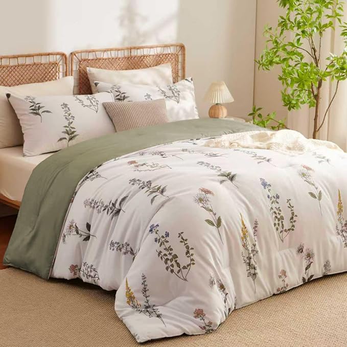 Floral Duvet Cover Queen Size Vintage Floral On White Bedding Set with Pink Purple Flower For Girls Women Men Olive Green Botanical Pattern Garden Style Fall Duvet Cover Set 3 Pieces with 2 Pillowcase