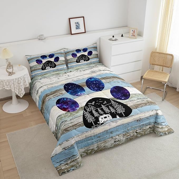 Castle Fairy Blue Plank Comforter Set Bear Print Bedding Set for Kids Girls Women Adults Happy Camping Comforter Rustic Farmhouse Quilted Duvet Set Bedroom Collection Twin Pink 2Pcs