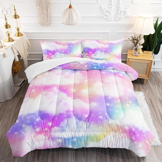 Rainbow Cloud Sky Kids Bedding Set Glitter Golden Stars Comforter 3Pcs Full Tie Dye Art Quilt Set for Kids Teens Girls Boys Bed Set with 1 Comforter and 2 Pillowcases