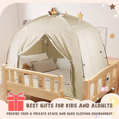 Bed Tents for Kids and Adult, Portable 100% Breathable and 85% Blackout Toddler Dream Play Tent, 3 Doors Big Privacy Space Sleeping Canopy for Floor or Twin Full Queen Sizes Bed (Khaki, Twin-Size)