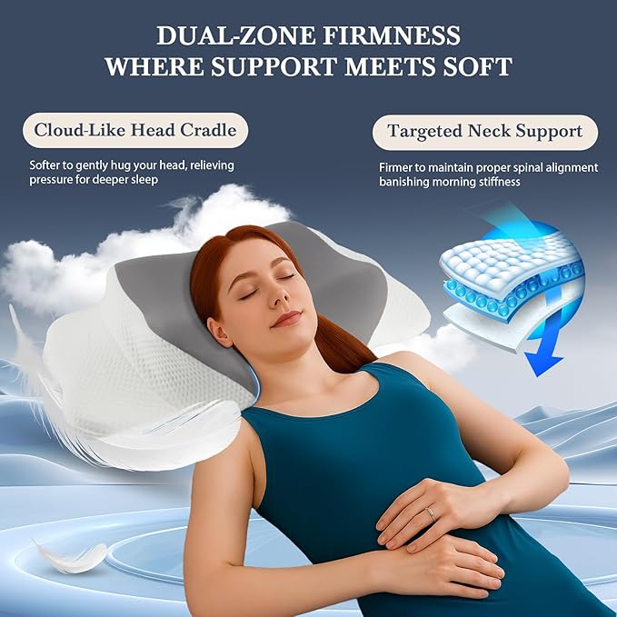 Cervical Neck Memory Foam Pillow for Sleeping, Firm Support Two Heights Side Sleeper Pillow, Ergonomic Contour Pillow for Neck Shoulder Pain Relief (Gray& White)