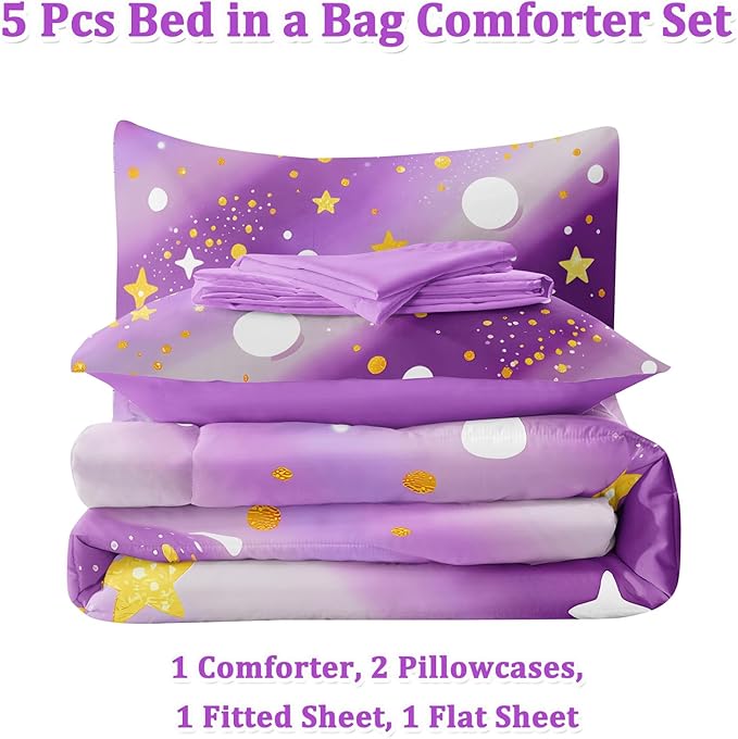 5 Pcs Twin Bedding Sets for Girls, Purple Glitter Rainbow Bed in A Bag Twin Size Bed Set, Stars Galaxy Bedding Comforter Set for Girls