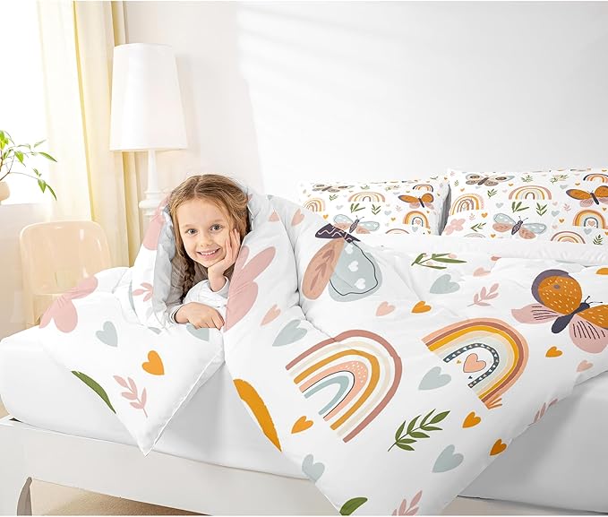 Boho Rainbow Comforter Set Full Size Cute Butterfly Bedding Set 3Pcs for Kids Girls Boys Adult Room Decor Cartoon Love Heart Palm Leaves Quilt Set Animals Botanical Duvet Insert,2 Pillowcase