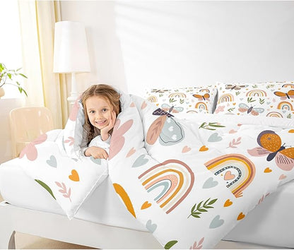 Boho Rainbow Comforter Set King Size Cute Butterfly Bedding Set 3Pcs for Kids Girls Boys Adult Room Decor Cartoon Love Heart Palm Leaves Quilt Set Animals Botanical Duvet Insert,2 Pillowcase