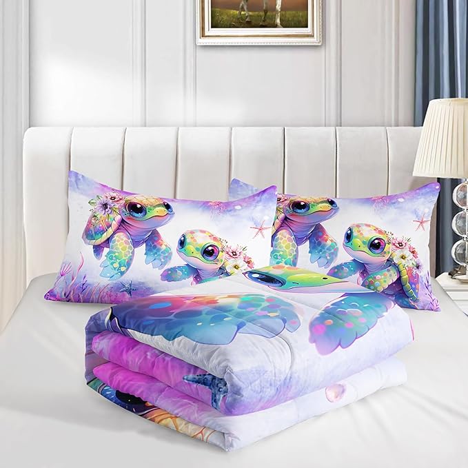 Kids Comforter Set Turtle Printed Pattern Bedding Set Twin Size,Purple Waterweed Jellyfish Starfish Pattern Bedding Set for Kids Girls Boys Room Decor with 2 Pillowcases.