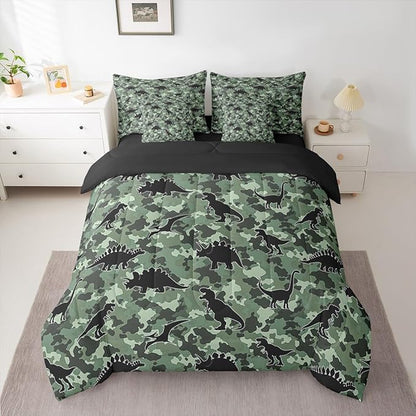 Feelyou Dinosaur 7 Piece Bedding Set Camouflage Print Comforter Set with Sheets for Kids Boys Girls Army Green Bed in a Bag Animal Theme Bed Set Soft Lightweight