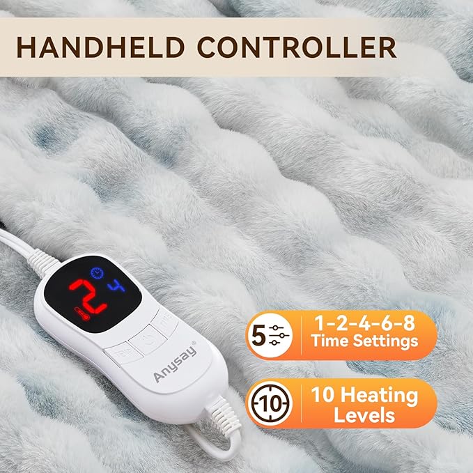 Heated Blanket Full Size with 1/2/4/6/8 Hours Auto-Off 10 Heat Level, 62'' * 84'' Cozy Faux Rabbit Fur Bubble Electric Blanket with Overheat Protection(Tie-Dye Blue)