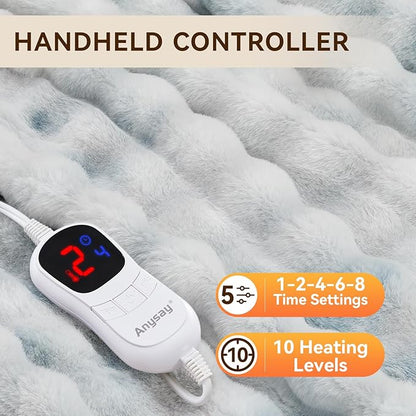 Heated Blanket Full Size with 1/2/4/6/8 Hours Auto-Off 10 Heat Level, 62'' * 84'' Cozy Faux Rabbit Fur Bubble Electric Blanket with Overheat Protection(Brown)