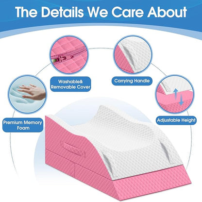 Elevation Pillows for Leg After Surgery, Memory Foam Adjustable Wedge Pillow for Injury or Rest, Ankle Pillow for Sleeping Blood Circulation Pink/Double Leg