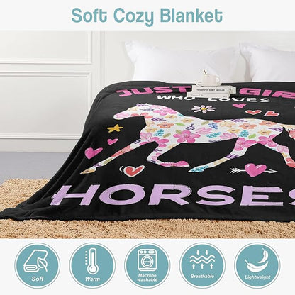 Horse Lover Blanket, Just A Girl Who Loves Horses Blanket, Soft Warm Cozy Fleece Throw, Gifts for Girls Women Kids, 50"x60", Black