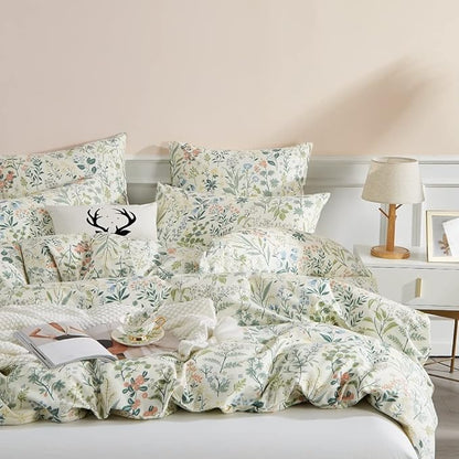 Floral Duvet Cover Queen Size Green Botanical Flower Duvet Cover Set Women Men Boho Aesthetic Garden Style Vinatge Soft Microfiber Bedding Set 3 Pieces with Zipper Ties