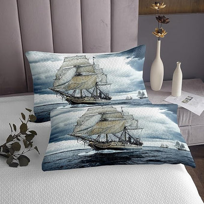 Erosebridal Nautical Coverlet Set King Size Retro Sailboat Bedspread for Girls Boys Youth Young Man,Ocean Theme Bedding Set Ocean Boat Quilt Set,Vintage Style White Sails Bedroom Decor