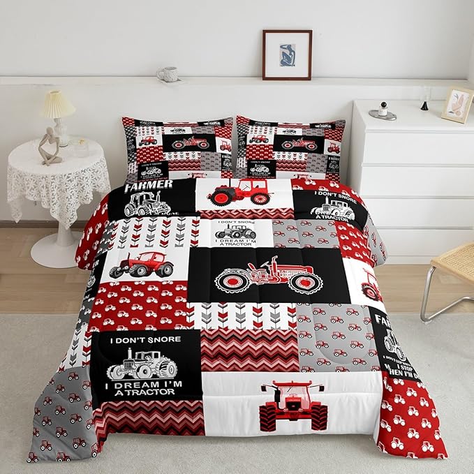 Feelyou Cartoon Tractor Comforter Set Farm Tractor Down Duvet for Kids Boys Toddler Vehicle Truck Bedding Set Harvester Excavator Comforter 1 Comforter Set with 2 Pillowcases King Size
