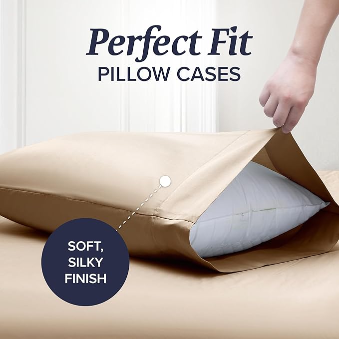 Beckham Hotel Collection Down Alternative Pillows & Cotton Sheets 4 Piece Set, 16" Deep Pocket, 2 Open End Pillowcases, Queen, Sand