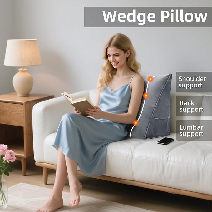 Wedge Headboard Reading Pillow for Bed Velvet Triangular Backrest Bolster Pillow for Sitting Up Daybed Cushion Lumbar Body Support Positioning for Headboard, Couch, Dorm, Grey