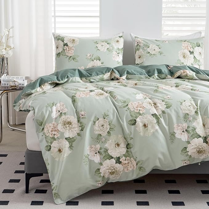 Floral Duvet Cover Queen 100% Soft Cotton 3 Pieces French Country Chic Garden Style Peony Flower Luxury Blossom Floral Vibrant Pattern Reversible Flower Duvet Cover Queen with Zipper Closure