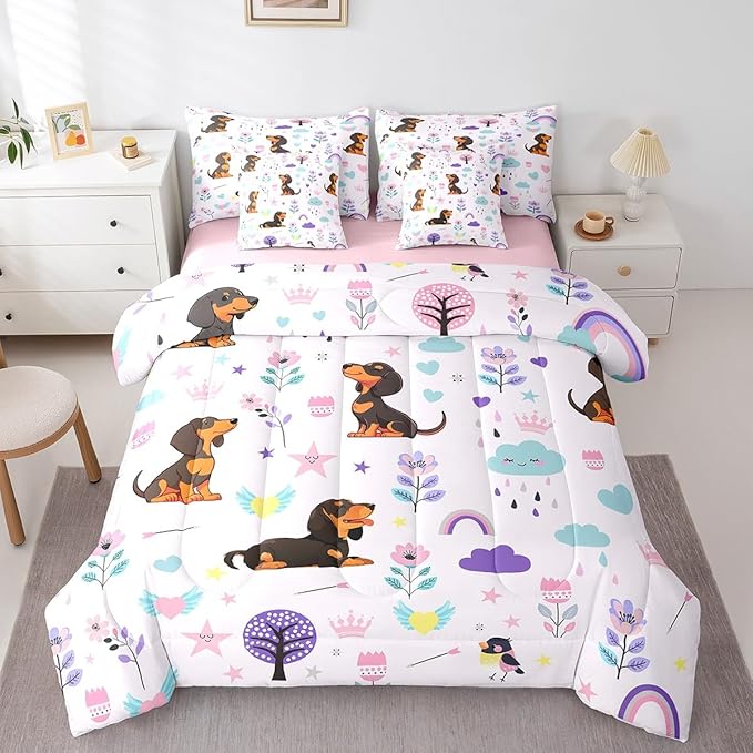 Erosebridal 7Pcs Floral Dachshund Kids Bedding Set for Boys,Twin Size Comforter Set with Sheets and Pillowcase,7Pcs Bed in a Bag,Cartoon Animal Children Bed Set, Cute Flower Comforter