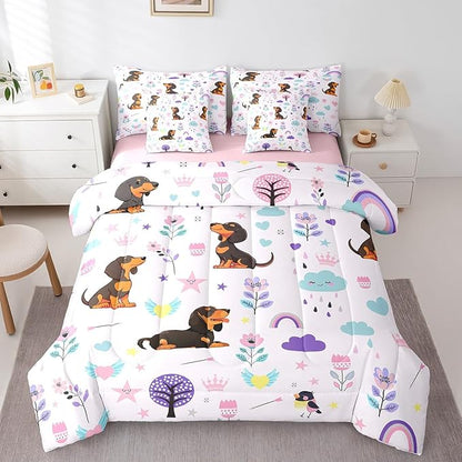 Erosebridal 7Pcs Floral Dachshund Kids Bedding Set for Boys,King Size Comforter Set with Sheets and Pillowcase,7Pcs Bed in a Bag,Cartoon Animal Children Bed Set, Cute Flower Comforter
