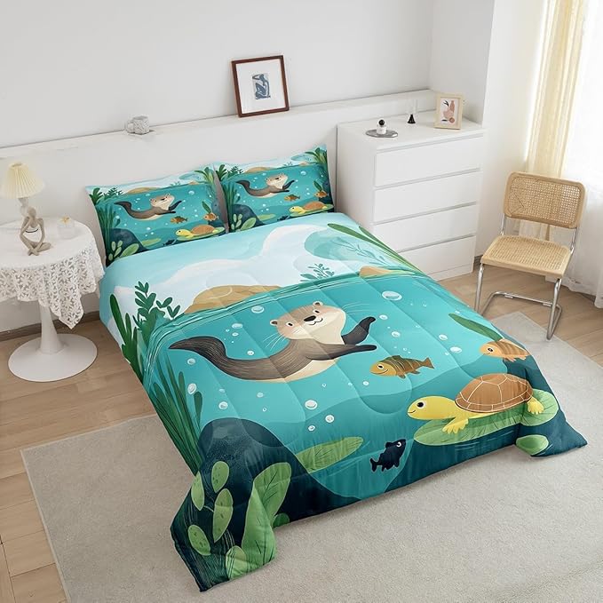 Lovely Otter Kids Bedding Sets Twin Size 2 Pcs Underwater View Cute Turtle Fish Comforter Set for Boys Girls Teens Green Leaves Cartoon Animal Rustic Style Comforter Duvet Set with 1 Pillowcase