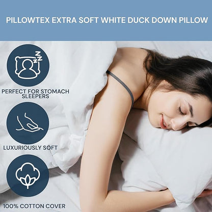 Extra Soft Down Pillow - Great for Stomach Sleepers Pillow - Very Flat - Bed Pillow - White Duck Down - Queen Size