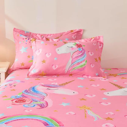 Wajade Pink Unicorn Comforter Set for Girls 7 Piece Cute Cartoon Bedding Set for Kids Full Size as Birthday Gift with Comforter, Sheet Set, Pillowcase and Sham