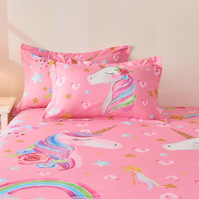Wajade Pink Unicorn Comforter Set for Girls 7 Piece Cute Cartoon Bedding Set for Kids Twin Size as Birthday Gift with Comforter, Sheet Set, Pillowcase and Sham