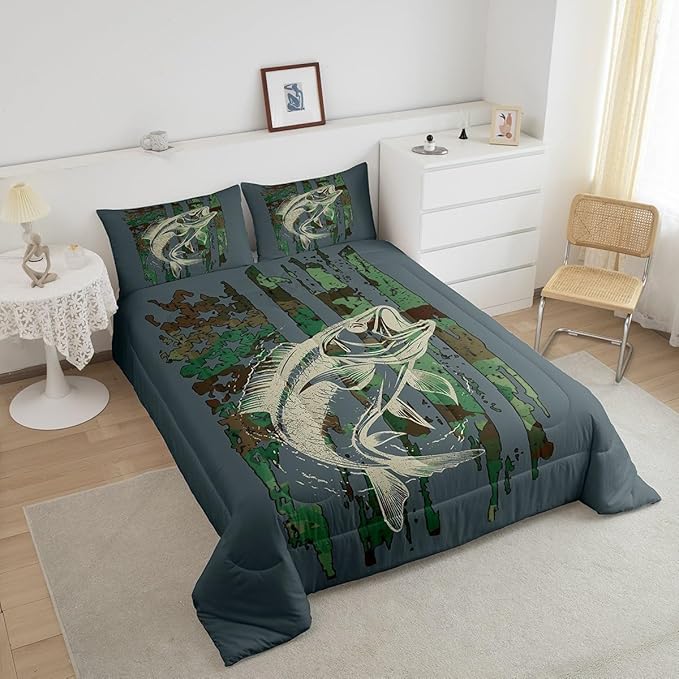 Feelyou Kids Green Camouflage Bedding Set Camo American Flag Comforter Set for Boys Girls Farmhouse Fishing Decor Comforter Wild Quilted Set Bedroom 2Pcs Toddler Size