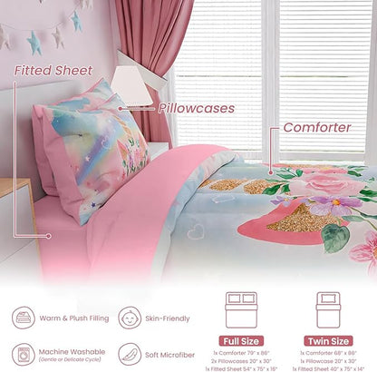 SANDJEST Unicorns Bedding Set for Girls Kids Teen Tween, Ultra Soft Microfiber Comforter Set Twin Size with 3-Pieces, Comforters Bed Sets Bedroom Decor