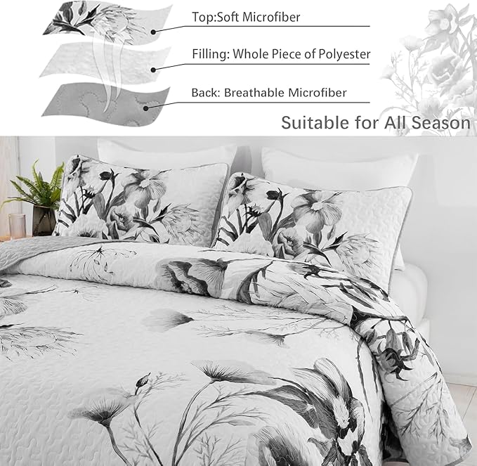 Floral Quilt Set California King 3 Pieces Grey Floral Quilt Coverlet Set Soft Microfiber Lightweight Purple Quilted Bedspread for All Season 106"x96"