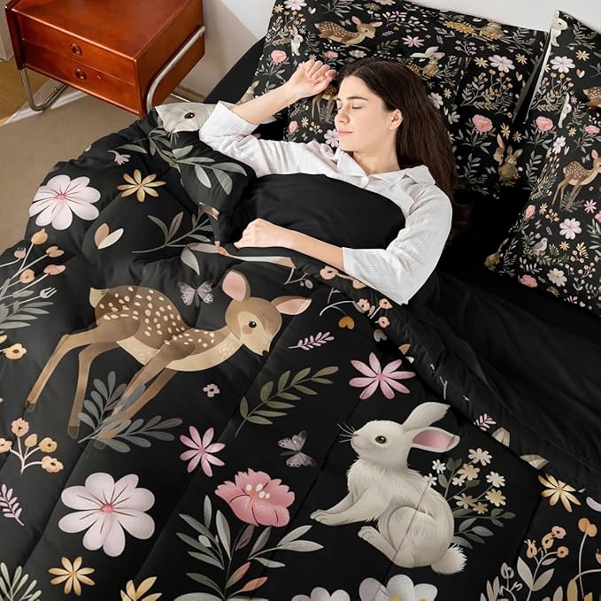 Feelyou Cute Deer and Rabbit 7 Piece Bedding Set Floral Flower Comforter Set with Sheets for Kids Boys Girls Nature Plants Bed in a Bag Black Colorful Bed Set Soft Lightweight