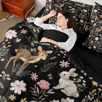 Feelyou Cute Deer and Rabbit 7 Piece Bedding Set Floral Flower Comforter Set with Sheets for Kids Boys Girls Nature Plants Bed in a Bag Black Colorful Bed Set Soft Lightweight