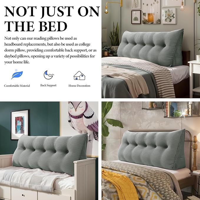 Daneey Headboard Pillow Queen, Triangular Wedge Headboard Pillow with Soft Corduroy Fabric, Wedge Bed Backrest Pillow for Sitting Up, Reading or Working, Long Bolster Pillow with Removable Cover, Gray