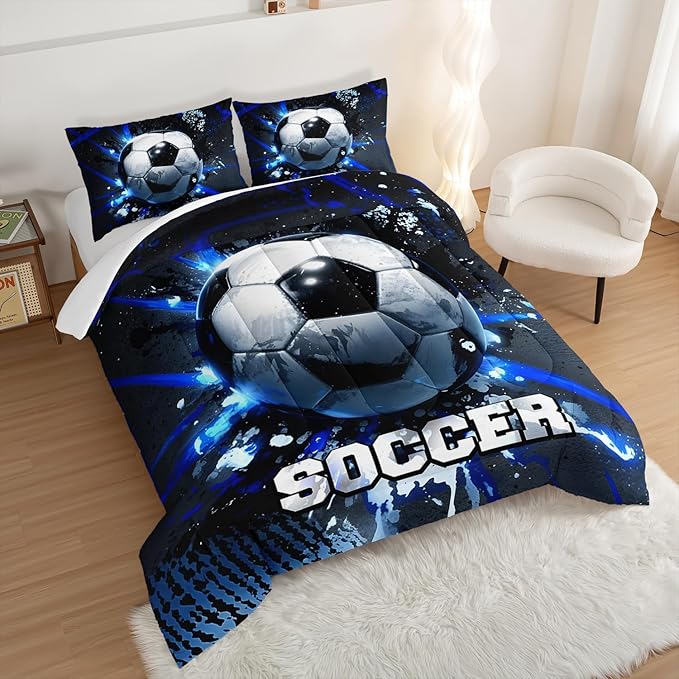 Football Comforter Set Queen Size,Balls Game Pattern Kids Comforter for Boys Girls Teens Soccer Room Decor,Sports Themed Football Court Bedding Sets with 2 Pillowcases.